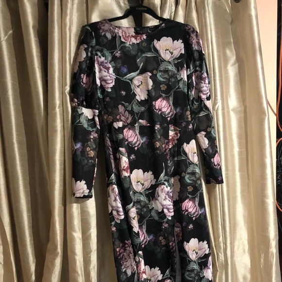 NWT RIVER ISLAND mutton sleeve floral midi dress in black - Picture 2 of 11
